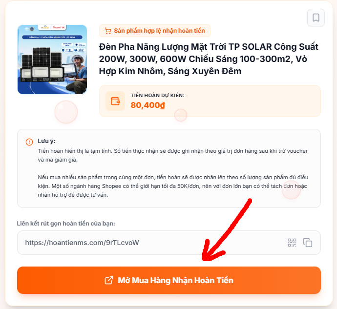 Cuối cùng click mở mua hàng nhận hoàn tiền, hệ thống sẽ tự động chuyển qua sàn Shopee hoặc TikTok Shop sau đó mua hàng áp mã voucher như bình thường